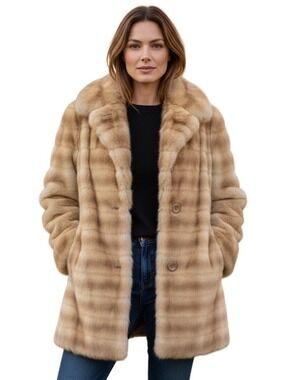 Lou Ritchie Vintage Beige Faux Fur Coat With Hood  Button Closure Mob wife large